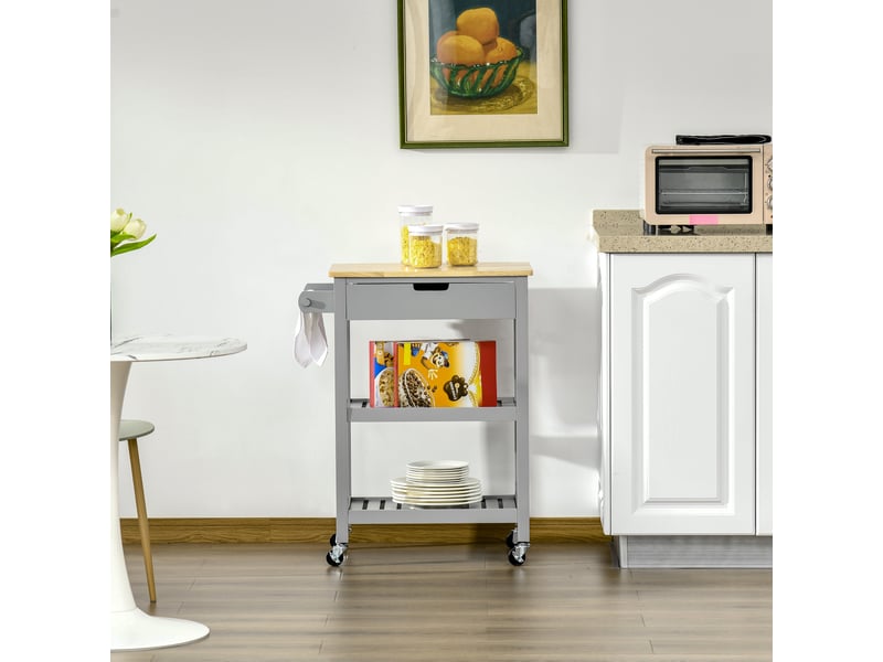  Desserte de service chariot de cuisine à roulettes 2 étagères - avec plan de travail en bois hévéa, 1 tiroir et  - Conforama W