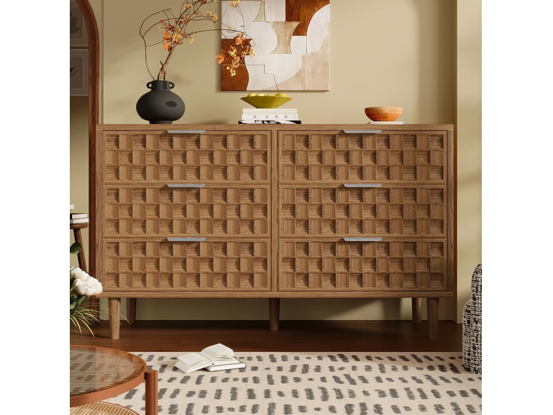  Commode à  6 tiroirs décor chêne 120 x 37 x 77 cm, motif gaufre chocolat, poignées en métal  - Conforama B