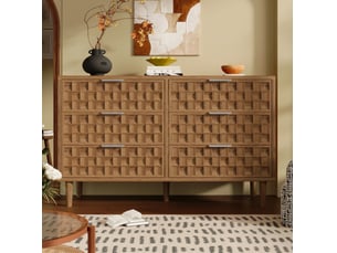Commode à 6 tiroirs décor chêne 120 x 37 x 77 cm, motif gaufre chocolat, poignées en métal