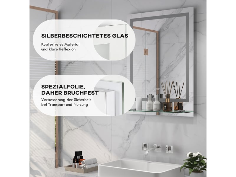  Miroir mural de salle de bains 70x50 cm avec éclairage led et tablette, transparent  - Conforama E