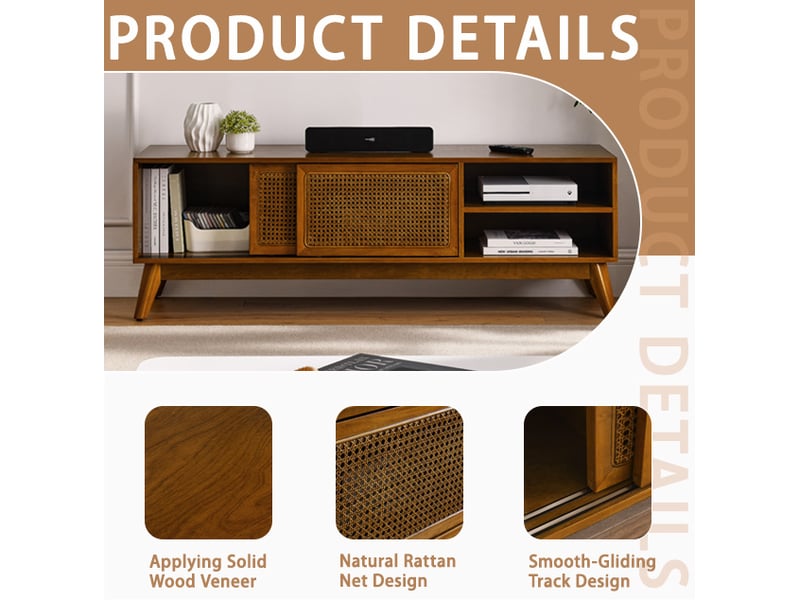  Meuble tv 59 pouces noyer clair, mdf et pieds en bois massif, portes en rotin, pour tv 65 pouces, rangements coulissants  - Conforama D