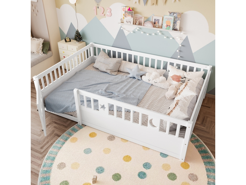 Lit enfant avec barrières en pin blanc 140x190 cm - Conforama E