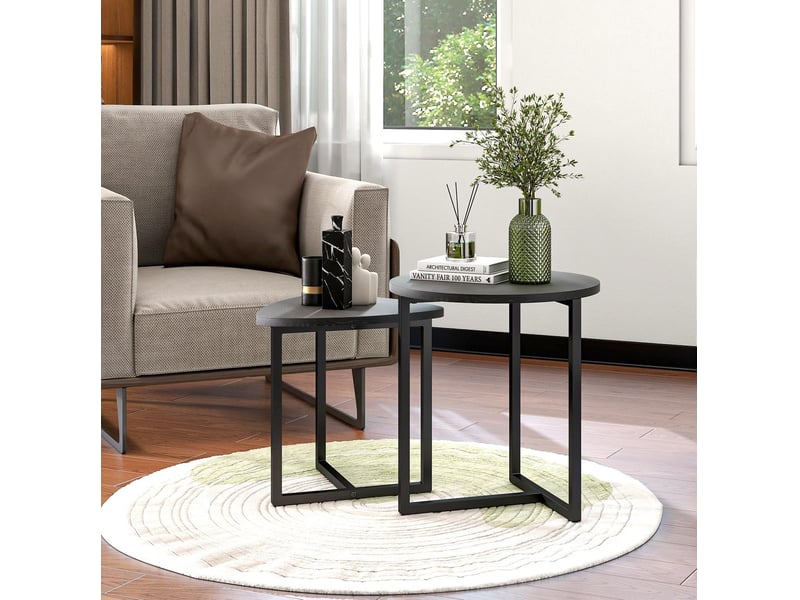  Lot de 2 tables basses gigognes rondes 45x48 et 42x40 cm, style industriel, structure métal, effet bois noir  - Conforama E
