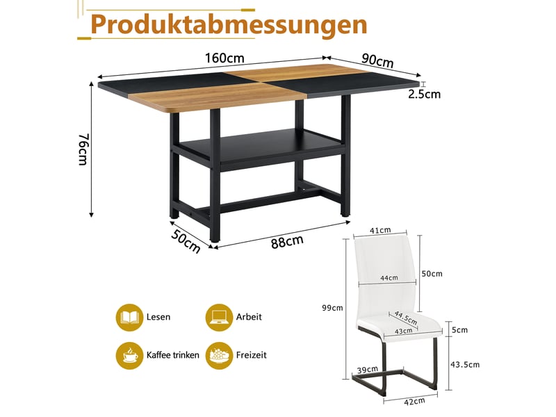  Ensemble table à manger avec 6 chaises blanches en similicuir, table rectangulaire 160 x 90 cm avec étagère intégrée  - Conforama E
