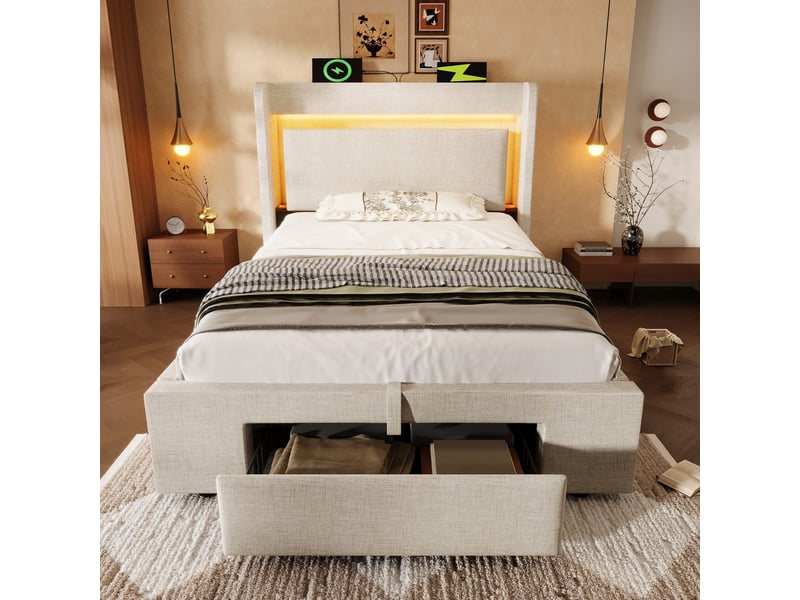  Lit coffre 90x200 cm, rangement hydraulique, tiroirs, tête de lit avec rangement, éclairage led, usb et usb-c pour chambre - beige  - Conforama D