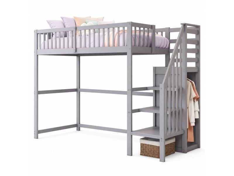 Lit mezzanine enfant 90x200 cm avec échelle, armoire et espace sous le lit gris - Conforama A