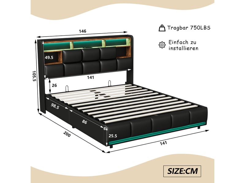  Lit coffre ezssw 140 x 200 cm coloris noir  - Conforama C