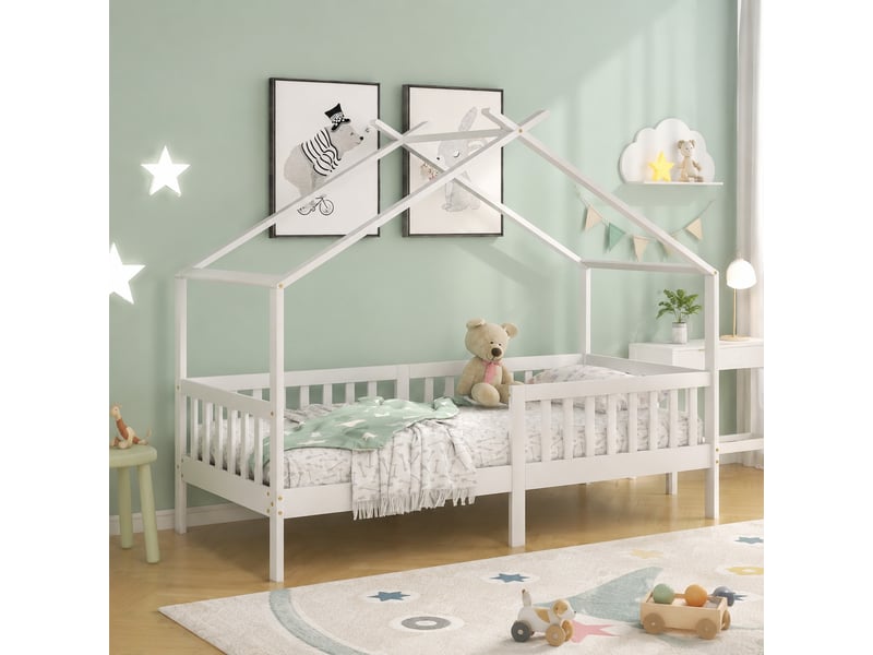  Lit maison pour enfant 90x200 cm en bois avec barrières, sommier et rangement blanc  - Conforama B