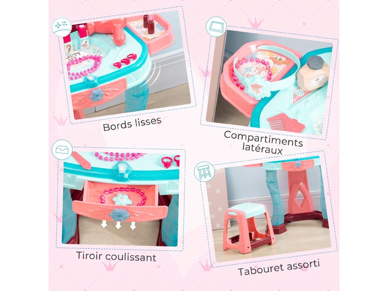  Coiffeuse enfant fille avec miroir magique, musique, plateaux, tiroir et accessoires, 3-6 ans, 57x34x76cm, multicolore  - Conforama R