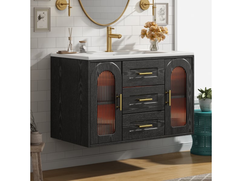  Meuble sous vasque suspendu 76 cm avec led et rangements - lpospi - mdf, verre, noir 76 × 46 × 55 cm  - Conforama C