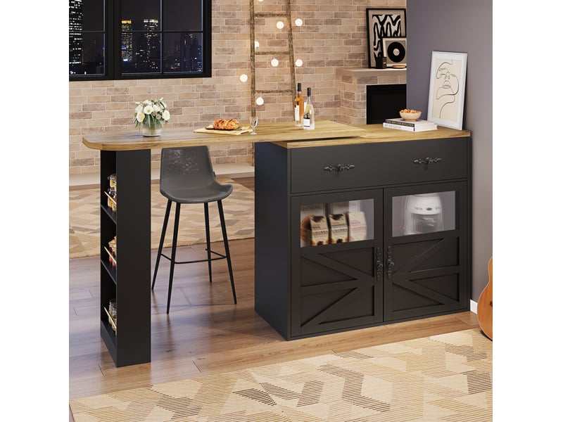 Table bar extensible 204x39x104 cm noir mdf, pivotante à 360° avec rangements pour cuisine et salon - Conforama B