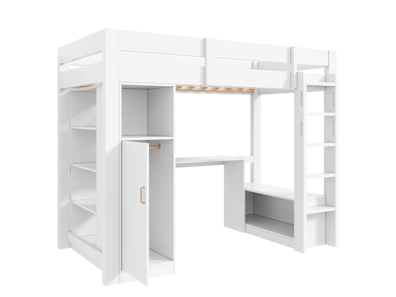  Lit mezzanine 90x200 avec armoire étagères bureau sous le lit éclairage led usb blanc  - Conforama A