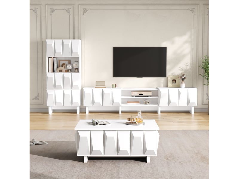  Ensemble de 3 meubles de salon blanc en panneaux de particules avec façades 3d – meuble tv, vitrine et table basse  - Conforama D