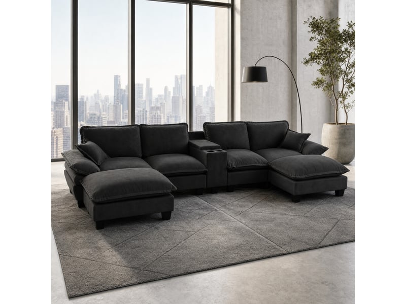 Canapé modulable en nuage en forme de u, inspiré d'un voilier, avec porte-gobelets et rangement, port usb, 2 ottomans & 2 coussins, tissu chenille pour appartements & salon, noir - Conforama C