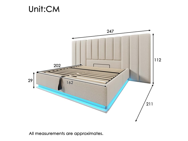  Lit double coffre 160 x 200 cm beige avec led, usb et usb-c  - Conforama E