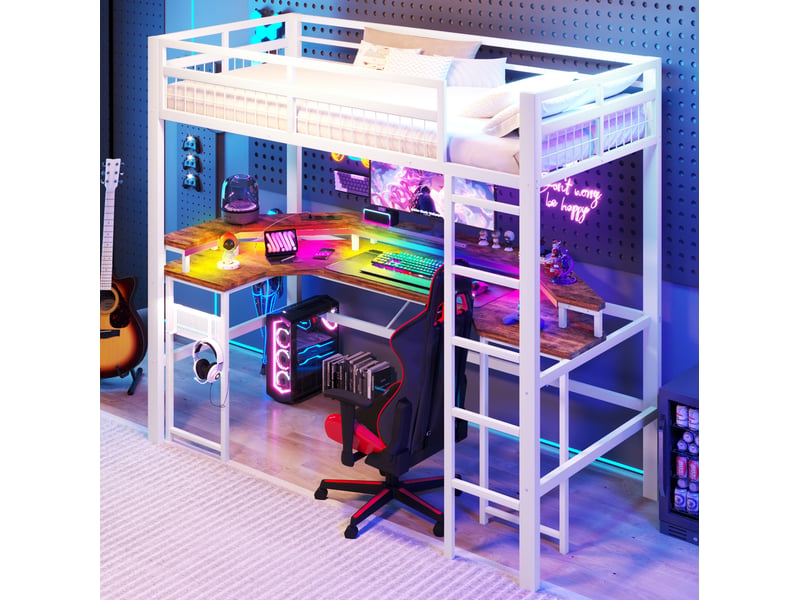  Lit mezzanine 90x200 cm avec bureau, led changeante, ports usb-c et prises, mdf et métal, blanc sans matelas  - Conforama C