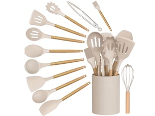 Set de 12 ustensiles de cuisine en silicone et bois kaki avec support chicfurn