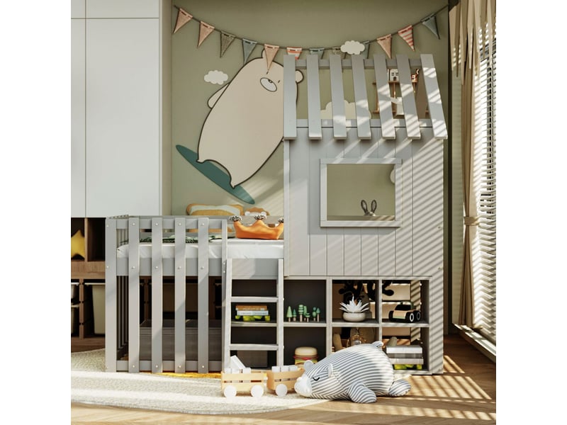  Lit cabane enfant 90x200, structure bois massif , lit enfant, rangement intégré, design ludique, accès sécuris  - Conforama B