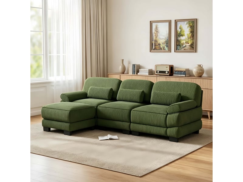  Canapé d’angle 3 places forme l, 1 pouf inclus, soutien lombaire épais, assise profonde, textile confortable, 265 × 161 × 94 cm, vert  - Conforama D