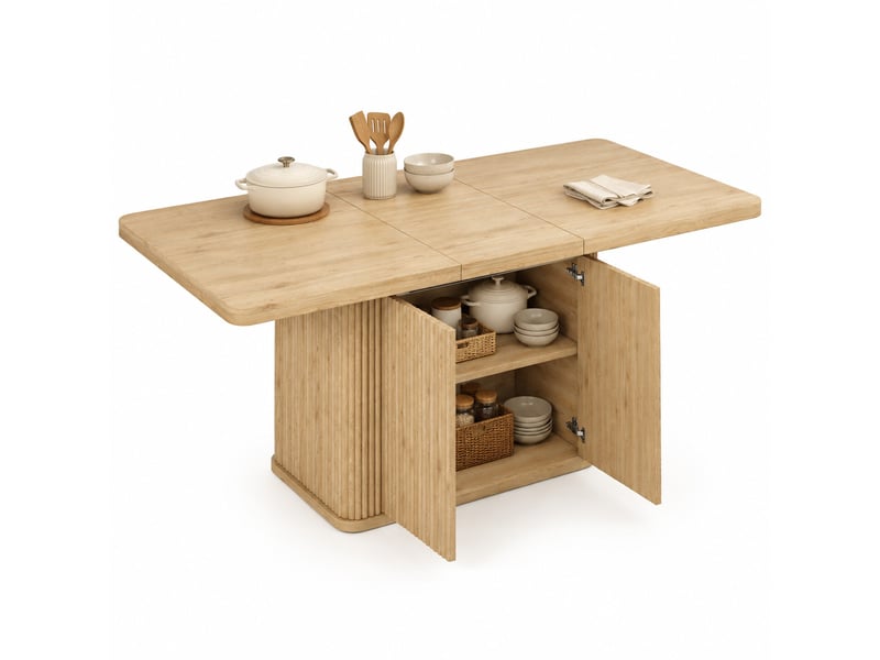  Table de salle à manger extensible avec rangement caché et 2 portes, plateau de 140 à 180 cm, bois clair, pour cuisine  - Conforama A