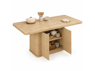 Table de salle à manger extensible avec rangement caché et 2 portes, plateau de 140 à 180 cm, bois clair, pour cuisine