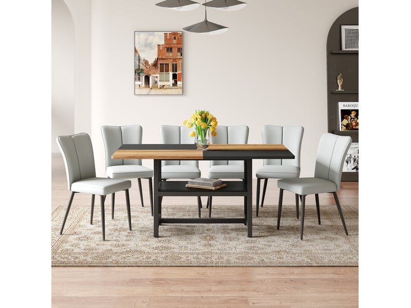 Ensemble table à manger rectangulaire 6 places avec rangement, chaises gris clair et métal noir, 160 cm - Conforama E