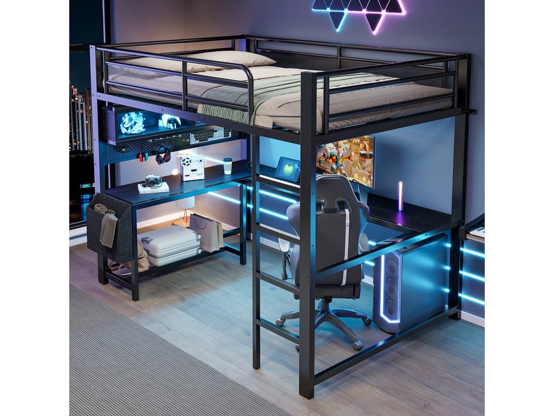  Lit surélevé gaming 140x200 cm noir, bureau, rangements, éclairage led et station de charge  - Conforama D