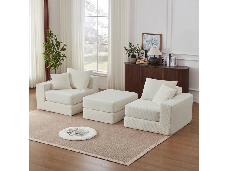  Canapé modulable 3 places loveeat cloud en velours côtelé blanc avec base antidérapante  - Conforama C