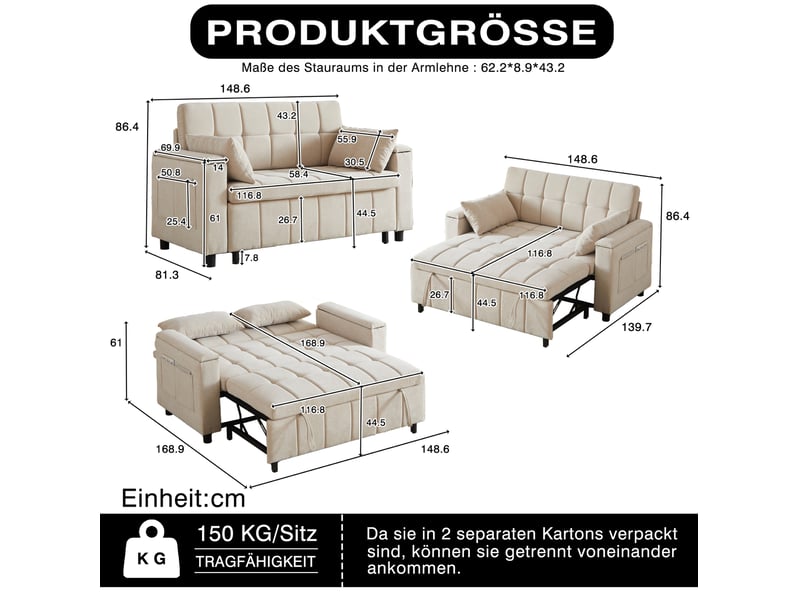 Canapé convertible 2 places 3 en 1 avec rangement d'accoudoirs et poches latérales en chenille beige - Conforama C