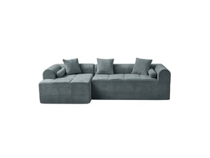 Canapé d'angle 263 x 132,5 cm bleu en chenille, 4 places avec poche latérale intégrée et assise à ressorts