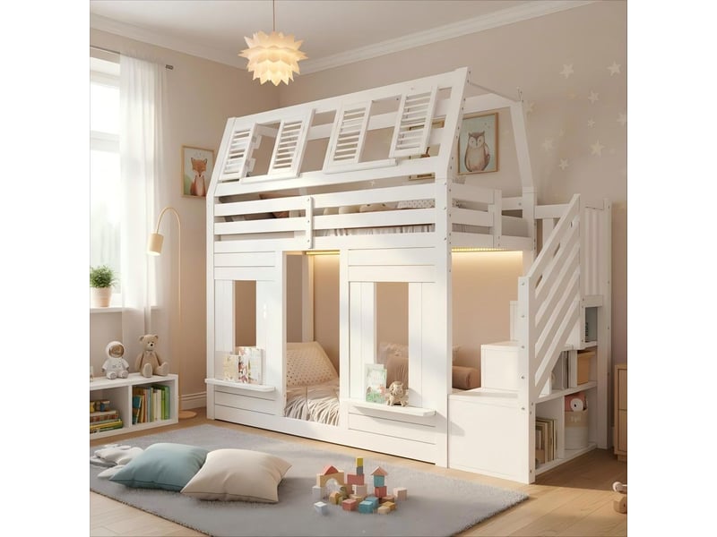 Lit superposé mezzanine enfant bois maison 90x200cm led protection anti chute escalier rangement forme fenêtre blanc - Conforama B