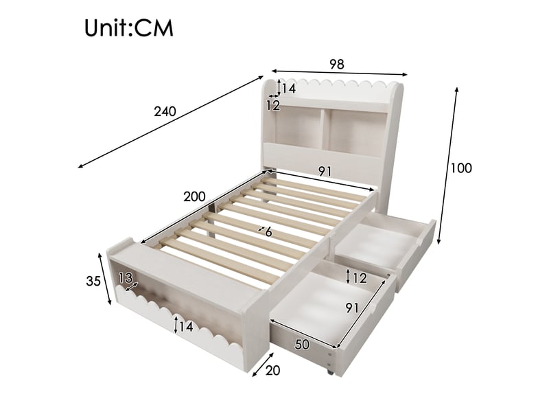Lit enfant avec rangement 90 x 200 cm, tiroirs de rangement, étagères de rangement, banquette avec rangement, bois massif et mdf, blanc et chêne clair ABC - Conforama C