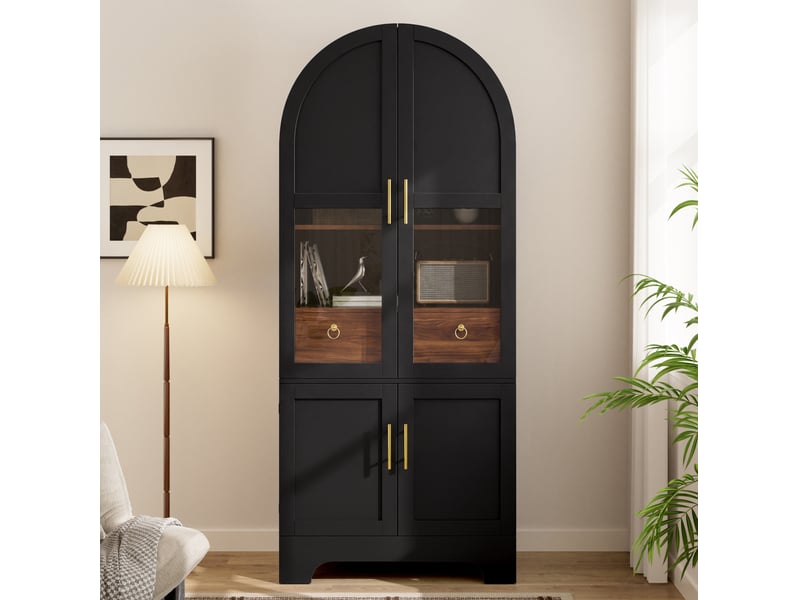 Buffet haut 76x40x180 cm avec 4 portes et 1 tiroir, led, mdf et panneau de particules, coloris noir, design rétro - Conforama D