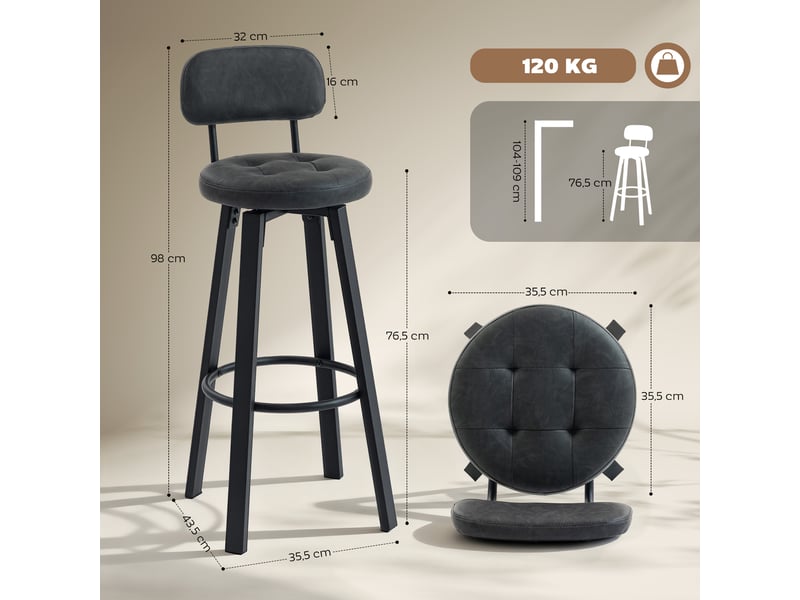  Ensemble de 2 tabourets de bar pivotants pour cuisine, revêtement en polyuréthane, avec dossier, structure en métal et repose-pieds, gris foncé  - Conforama E
