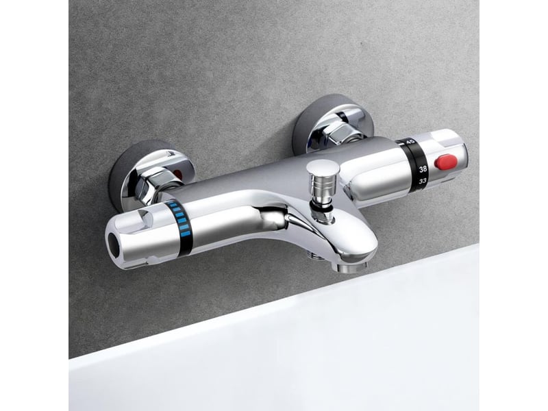  Mitigeur thermostatique de douche en laiton avec bouton de sécurité 38°c, avec 2 becs, chromé  - Conforama A