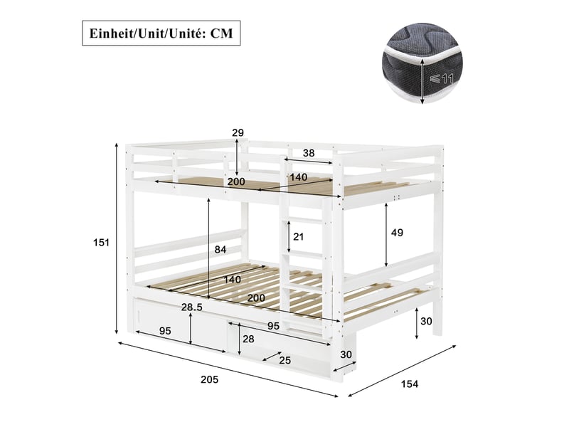  Lit superposé 140x200cm séparable en 2 lits indépendants, avec rangement à porte coulissante, échelle et barrières de sécurité, bois, blanc evarich - Conforama C