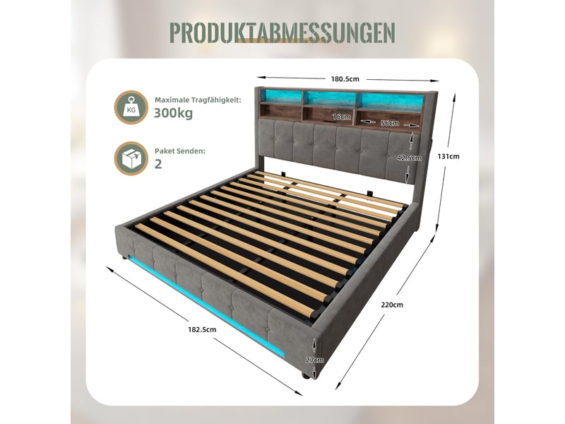  Lit coffre double 180×200 cm avec led réglable, usb-c et 6 niches - okmyhome- velours gris foncé, sans matelas  - Conforama D