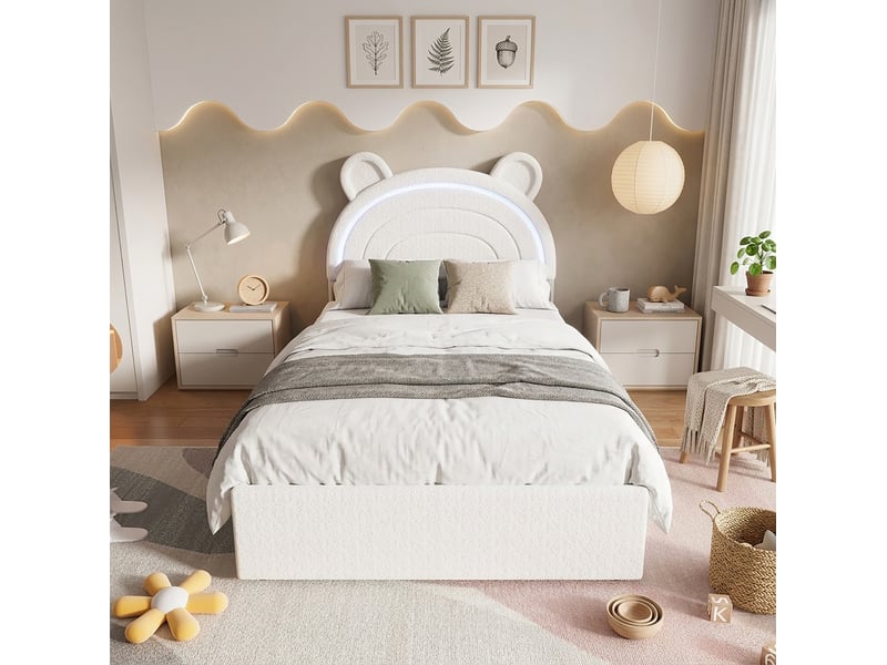  Lit avec rangement enfant 90x200 cm en velours beige avec 4 tiroirs et tête de lit ours led  - Conforama E
