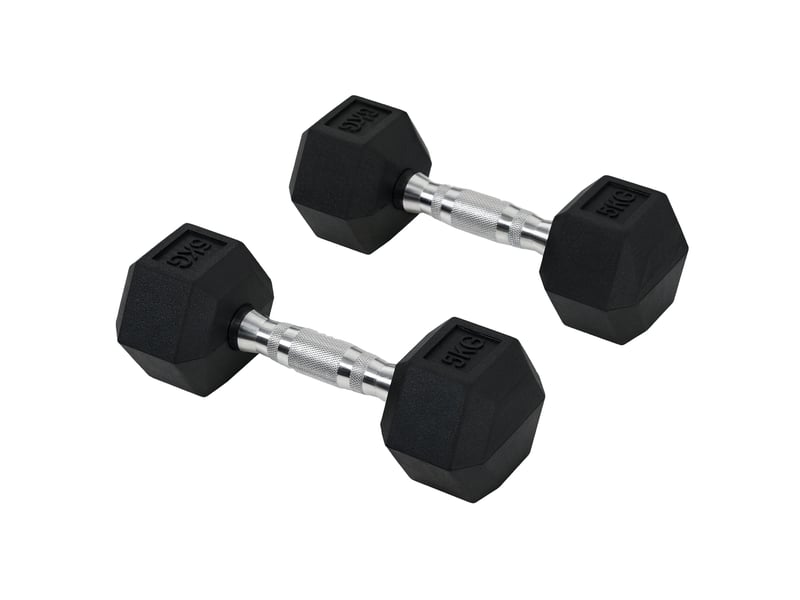  Lot de 2 haltères hexagonales de 5 kg en caoutchouc avec poignée antidérapante, noires  - Conforama A