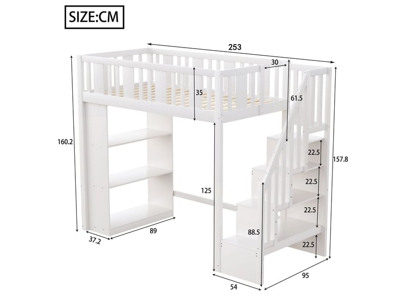  Lit mezzanine 90x200, structure bois massif, escalier rangements sécurisé garde-corps tiroirs  - Conforama C