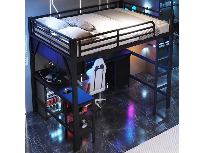  Lit mezzanine gaming 140x200 cm, bureau rangements tiroirs, led usb, métal mdf, charge 150 kg noir sans matelas  - Conforama D