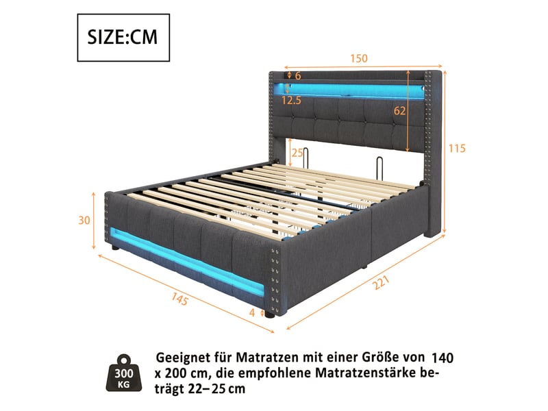  Lit 140x200 cm tissu gris – led, port usb, tête avec étagères et 4 tiroirs  - Conforama C