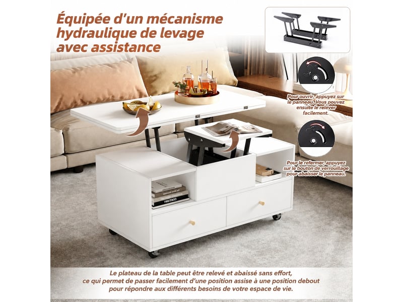  Table basse relevable hydraulique, convertible, 4 tiroirs, roulettes, 100 x 50 cm, blanc  - Conforama E