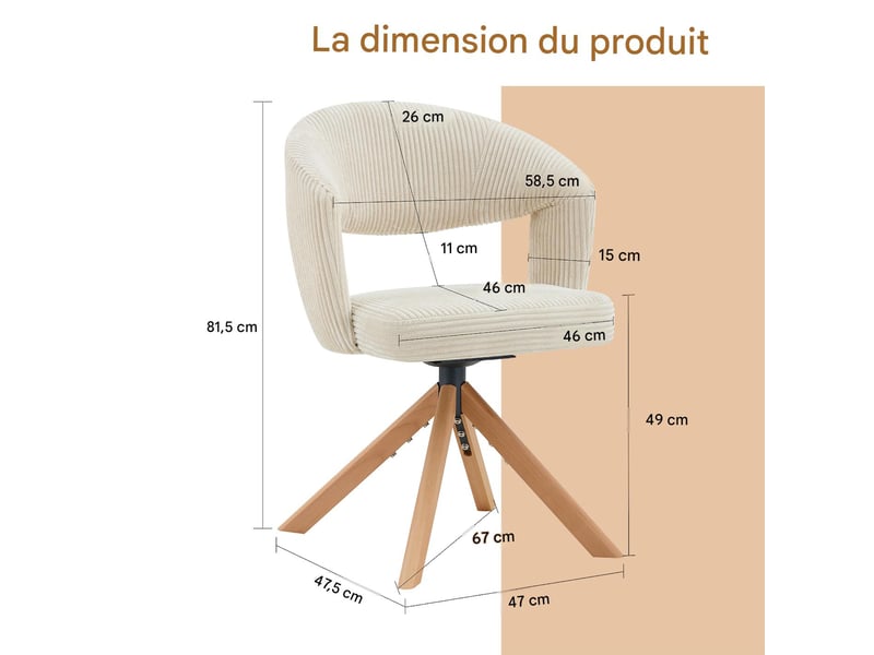  Lot de 2 chaises de salle à manger pivotantes à 360° en velours côtelé blanc crème W3658P401308 - Conforama C