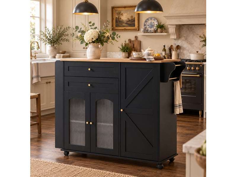  Îlot de cuisine mobile 110x70x99 cm plateau rabattable panneau de particules noir et naturel  - Conforama B