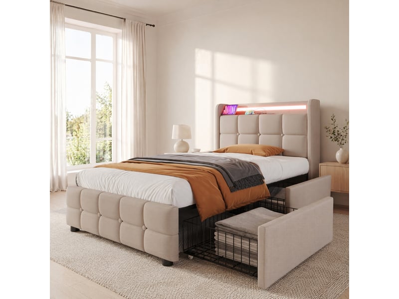  Lit rembourré tcqpz 90 x 200 cm avec usb led 2 tiroirs beige  - Conforama B