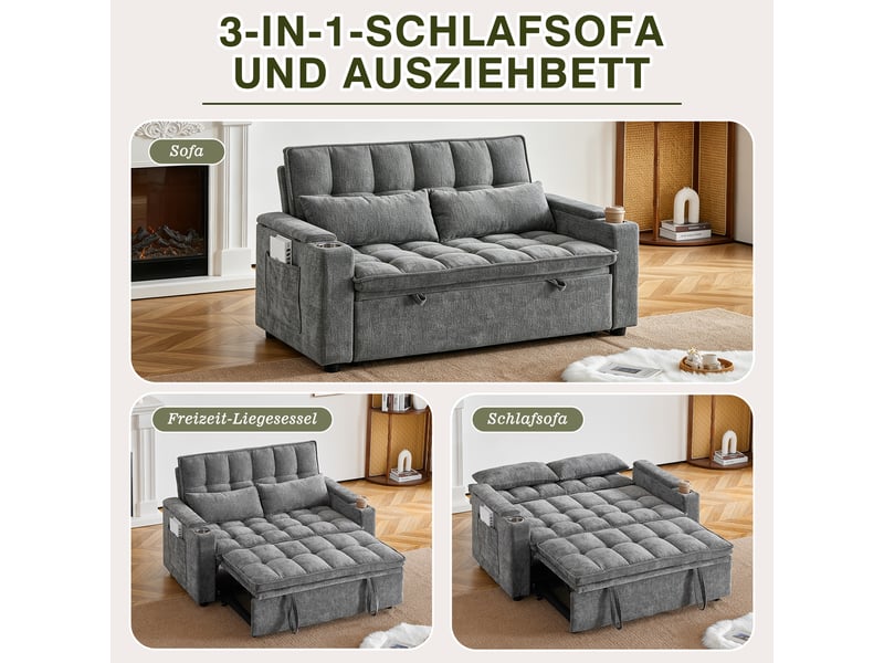  Canapé convertible 2 places 142 cm en chenille, canapé-lit avec fonction lit, rangement, porte-gobelets et coussins inclus - gris  - Conforama D