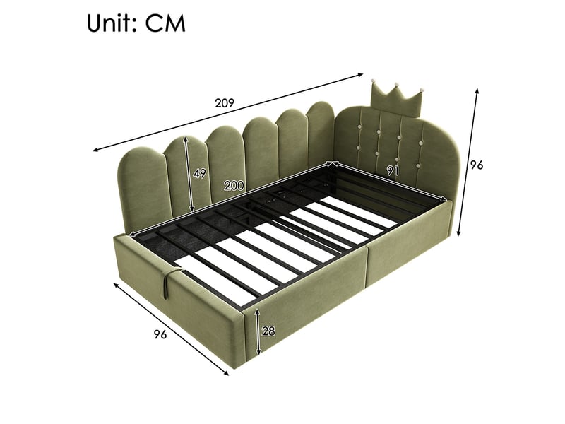  Lit simple rembourré 90 x 200 cm, canapé-lit avec hydraulique rangement, lit enfant avec couronne, sommier à lattes, velours vert  - Conforama D