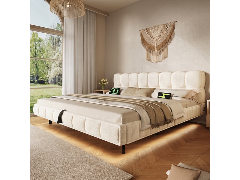  Lit capitonné double 180x200 cm lit adulte lit flottant lit coffre hydraulique en chenille avec éclairage led ports usb, beige  - Conforama D