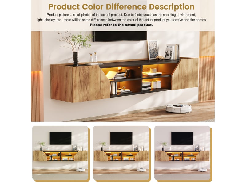 Meuble tv mural noir + ton bois 180 x 36,5 x 40 cm avec led bluetooth, 2 portes, jusqu'à 75 pouces - Conforama B